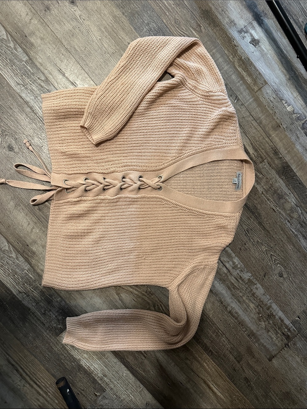 Tie-Front V-Neck Knit Sweater in Beige